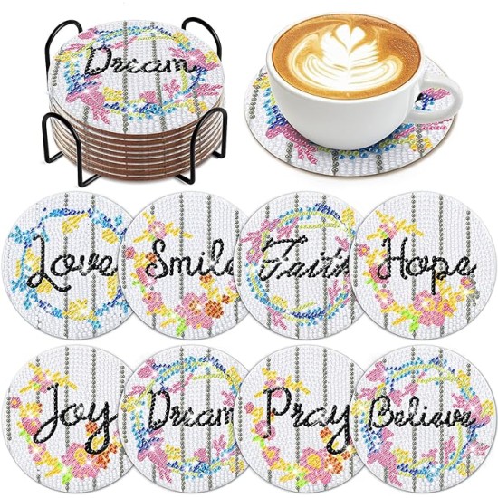 8 Pieces Inspirational Diamond Art Coaster Diamond Painting Coaster with Stand Coaster for beginners, adults, children, diamond art craft supplies